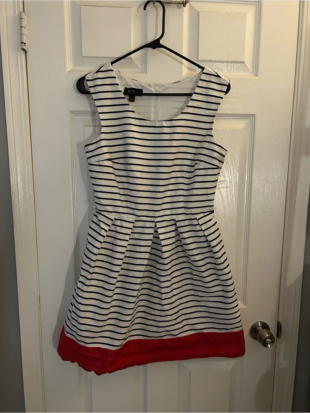 BCX Navy & White Striped Dress with Red Hem